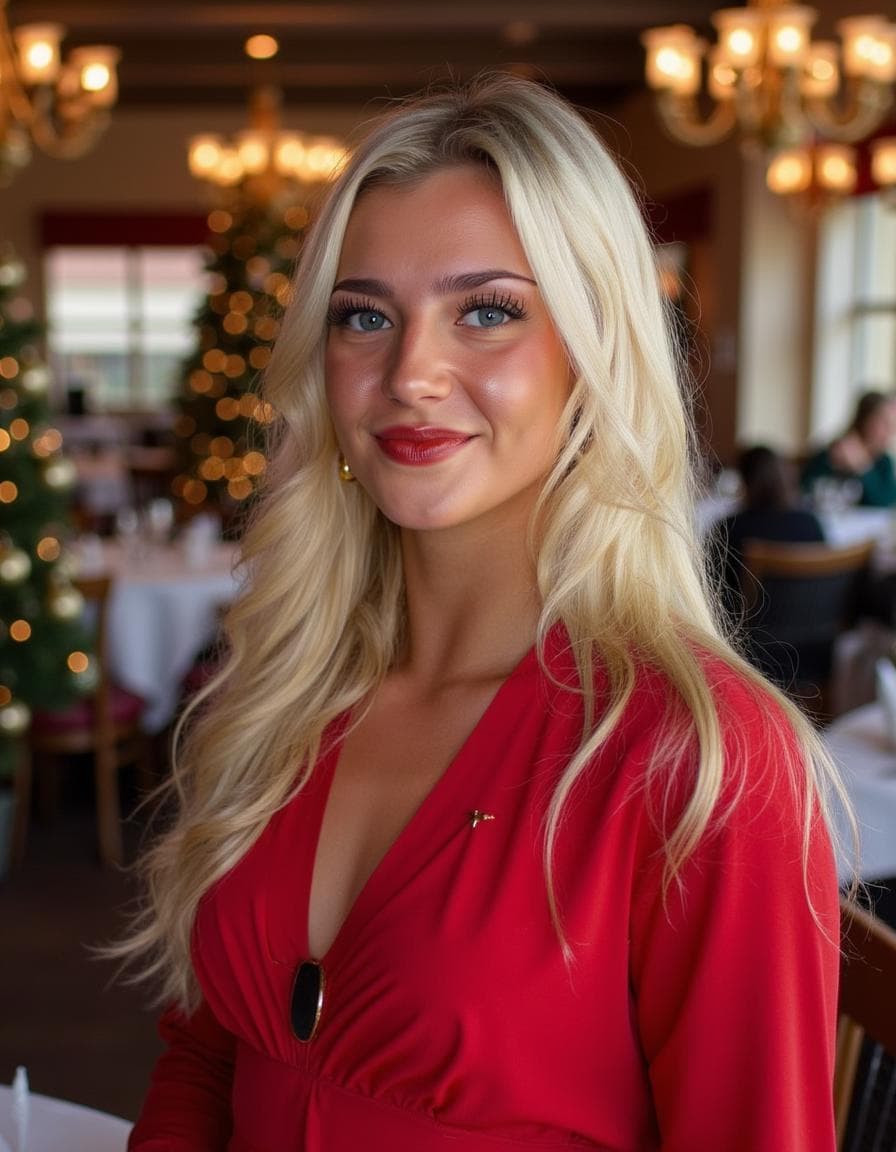 A blonde woman in a red dress smiles in a chandelier-lit hall with a Christmas tree from the AI Christmas photo generator.