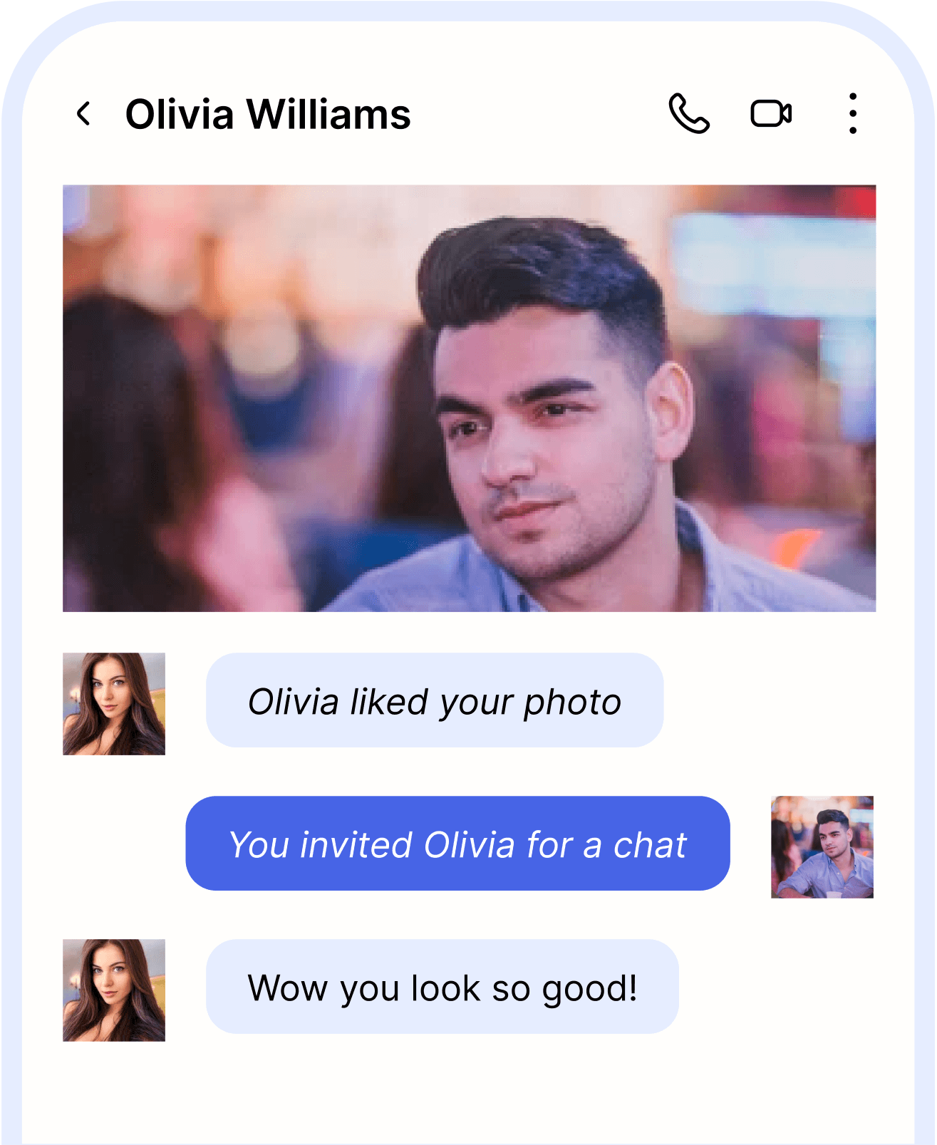 A dating chat mockup shows a man's portrait and messages praising his photo from the AI dating photo generator.