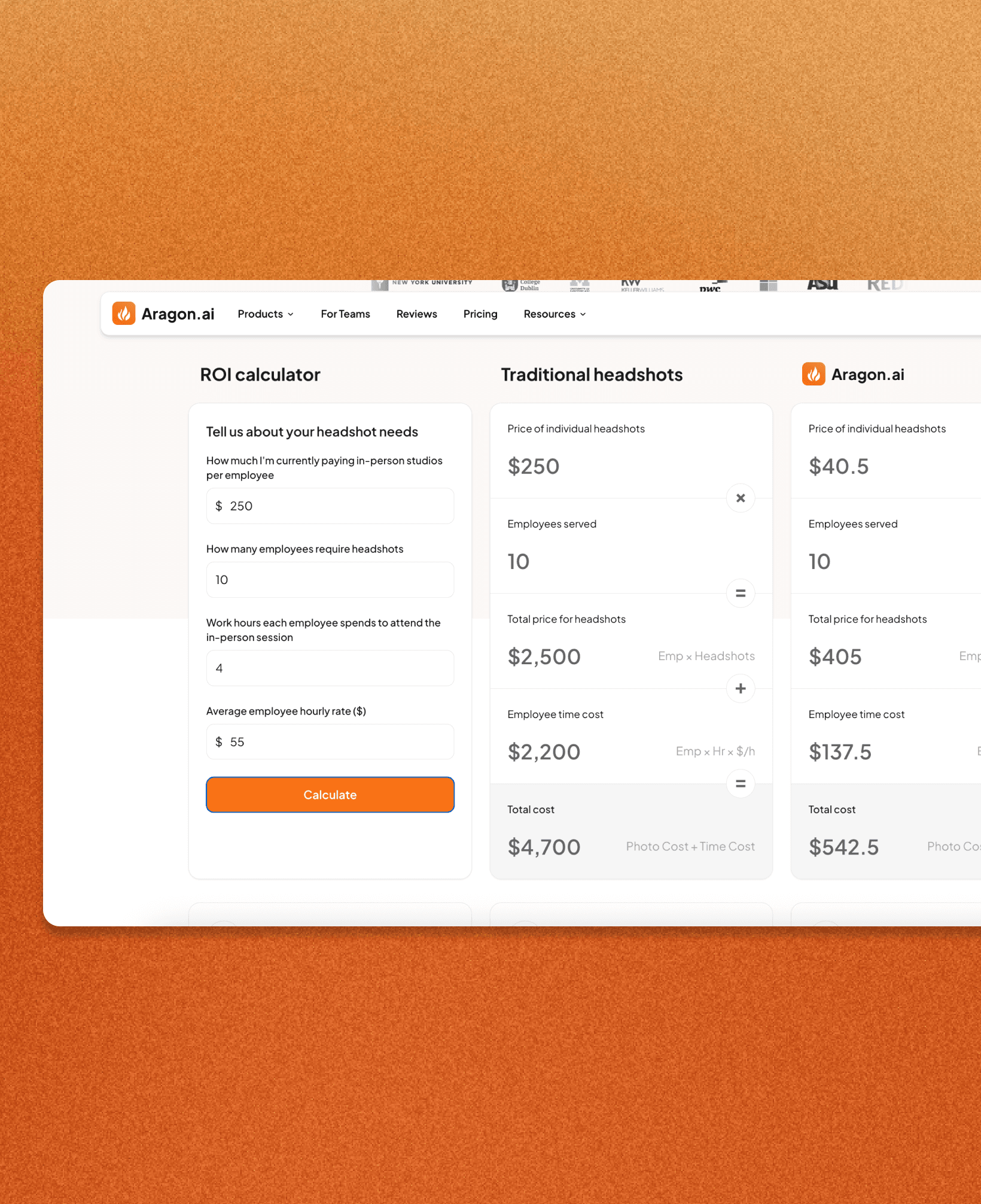 Headshot Cost Calculator - Compare Aragon prices vs. Traditional Photoshoots
