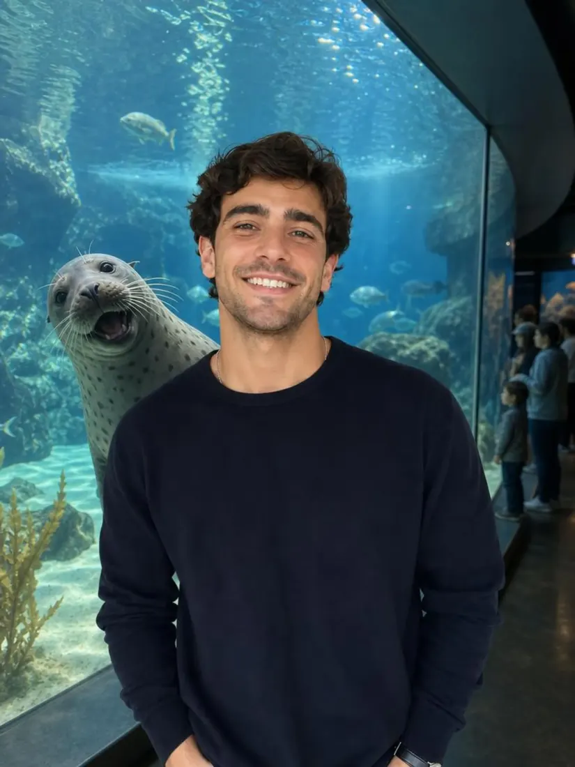 Smiling man in a dark sweater standing at a large aquarium window as a seal looks out behind him