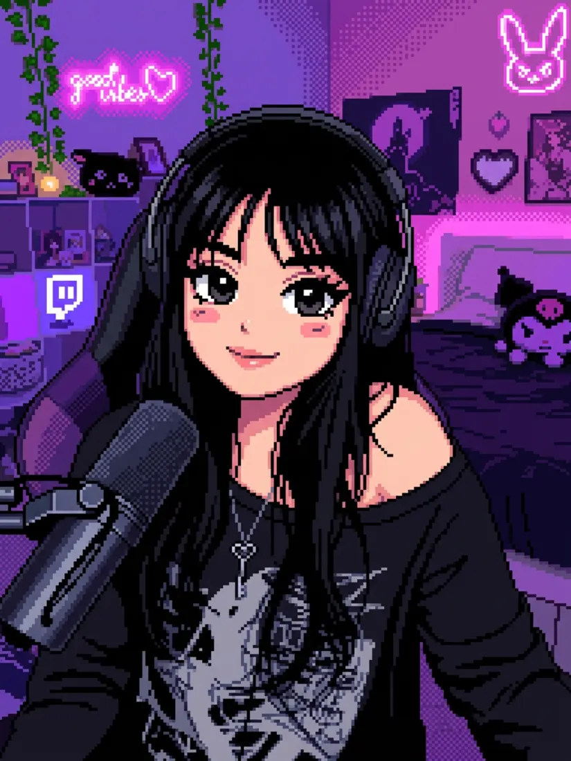 A pixel-art illustration shows a woman holding a microphone in a purple gaming room, created by the 8-Bit Art Generator tool.