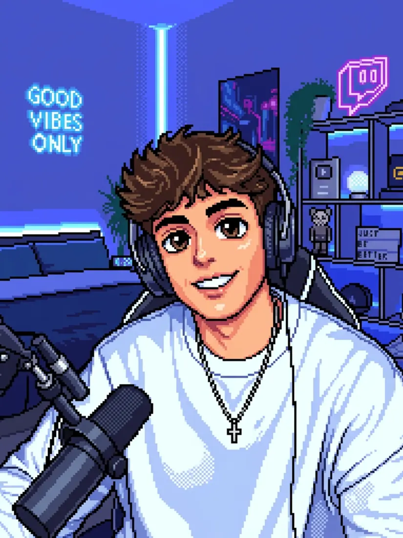 Pixel art of a smiling streamer with headphones and a mic in a blue neon room
