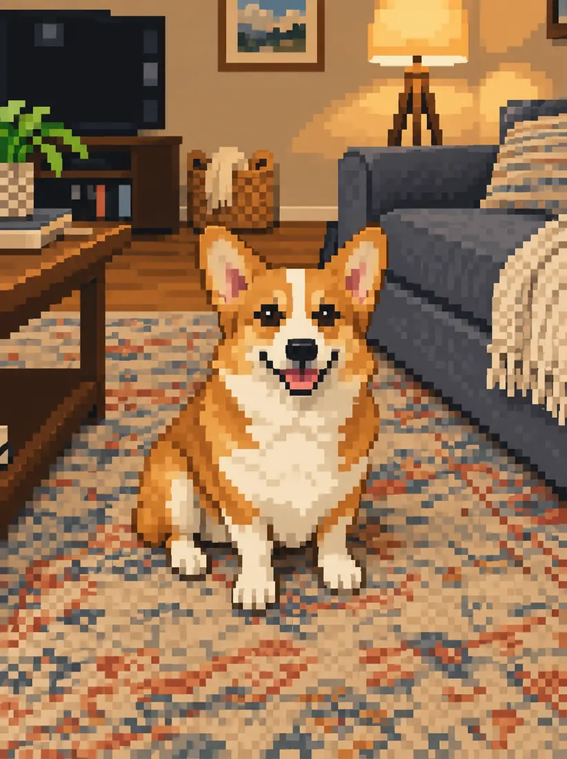 A pixel-art illustration shows the same corgi on its living room rug, made by the 8-Bit Art Generator.