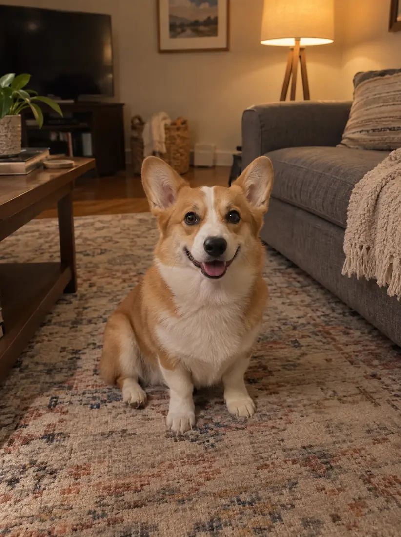 A corgi sits on a patterned living room rug, before the 8-Bit Art Generator turns the scene into pixel art.