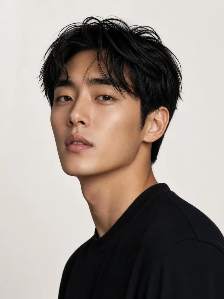 Young man with tousled black hair and smooth clear skin in a black tee on a plain light background