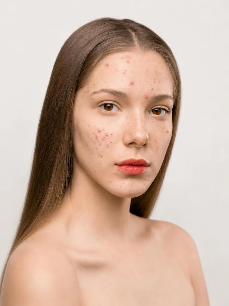 A close-up portrait shows visible acne and uneven texture, before the Face Enhancer tool refines the skin.