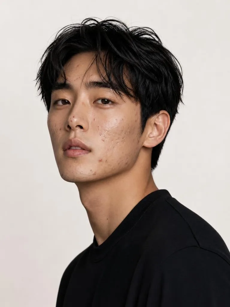 Young man with tousled black hair and visible acne spots in a black tee on a plain light background