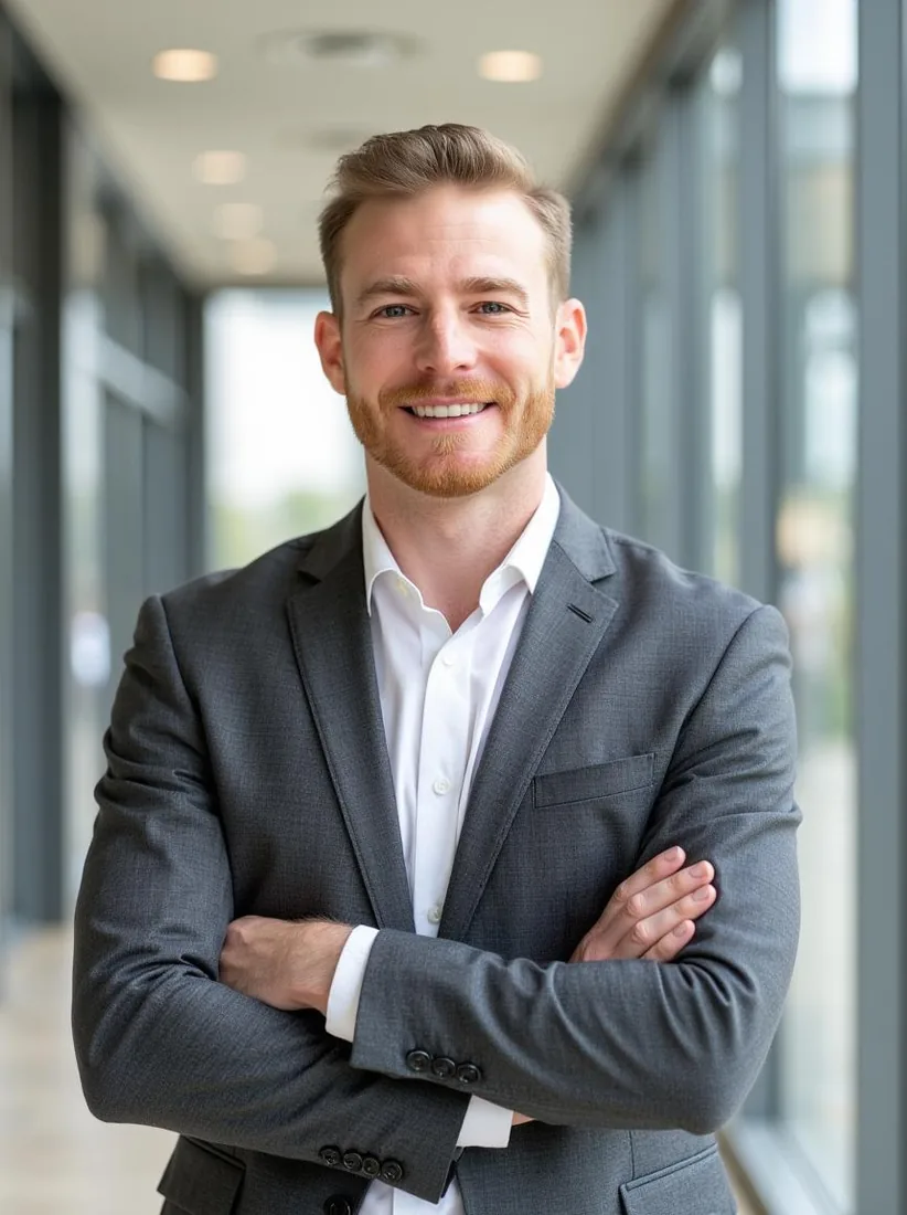 A man in a gray suit folds his arms in a bright office in an AI LinkedIn headshot.
