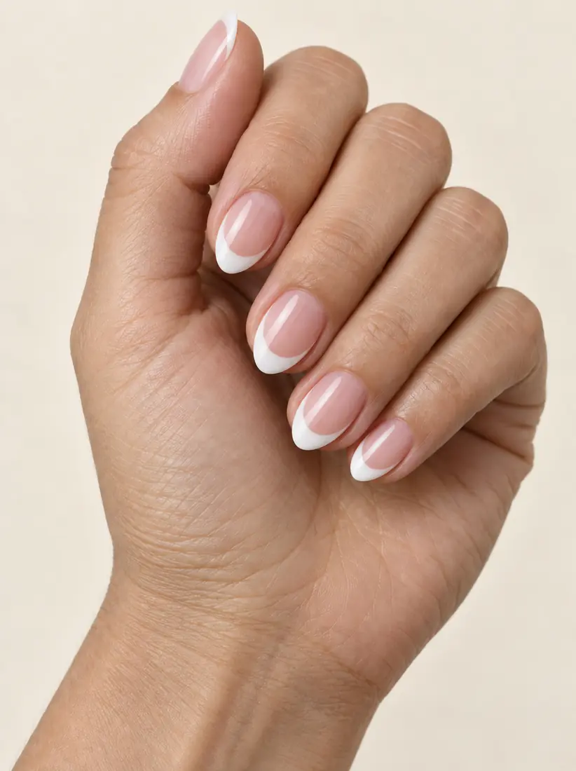 The same hand shows a classic French tip manicure with a sheer pink base and crisp white tips, created by the Nail Editor tool.
