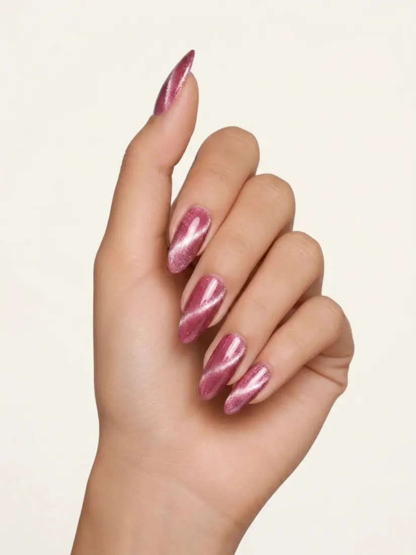 A close-up hand shows a shimmering pink glitter manicure, designed by the Nail Editor tool.