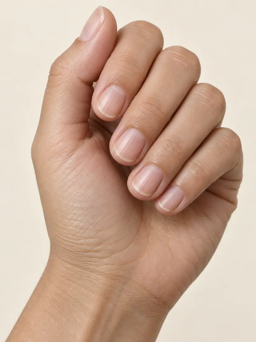The back of a woman's hand with natural unpolished nails, before the Nail Editor applies a French manicure.
