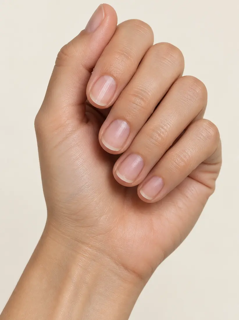 The back of a woman's hand with short bare natural nails and no polish, before the Nail Editor applies a manicure.