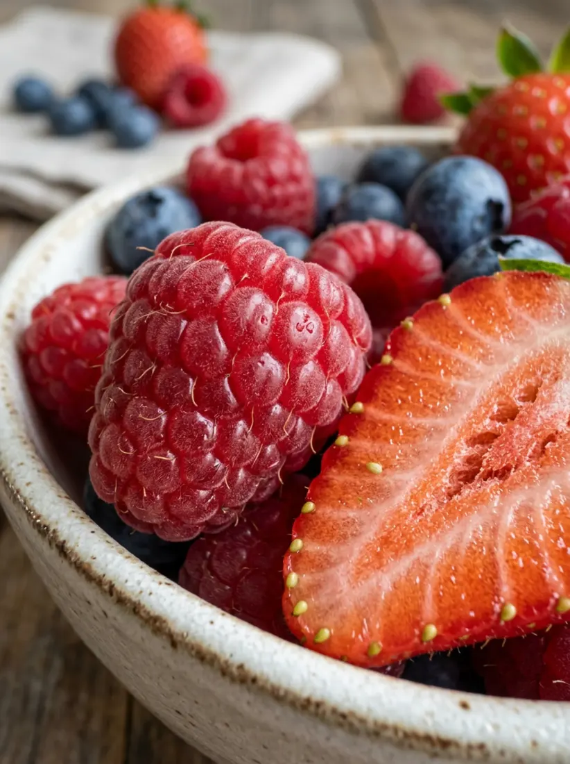 A bowl of berries and strawberries appears vivid and enhanced after the Photo Enhancer tool.