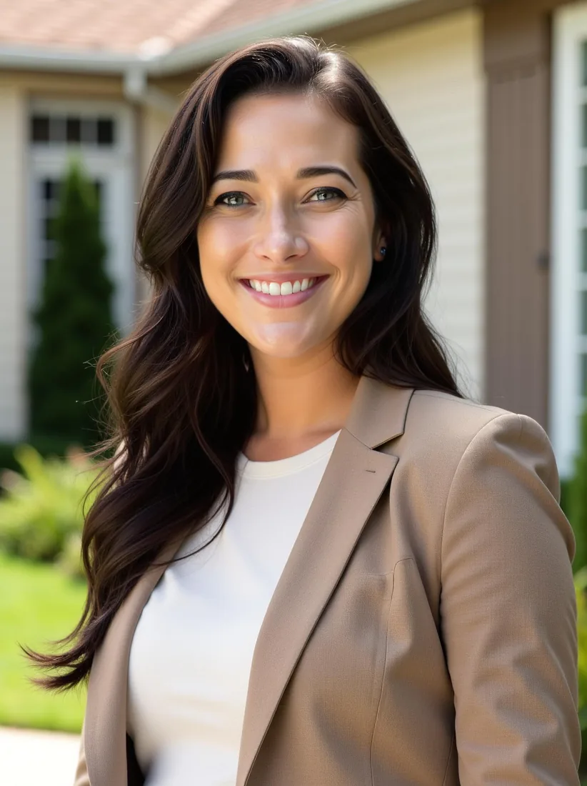 A real estate agent in a tan blazer stands in front of a suburban home in an AI realtor headshot.