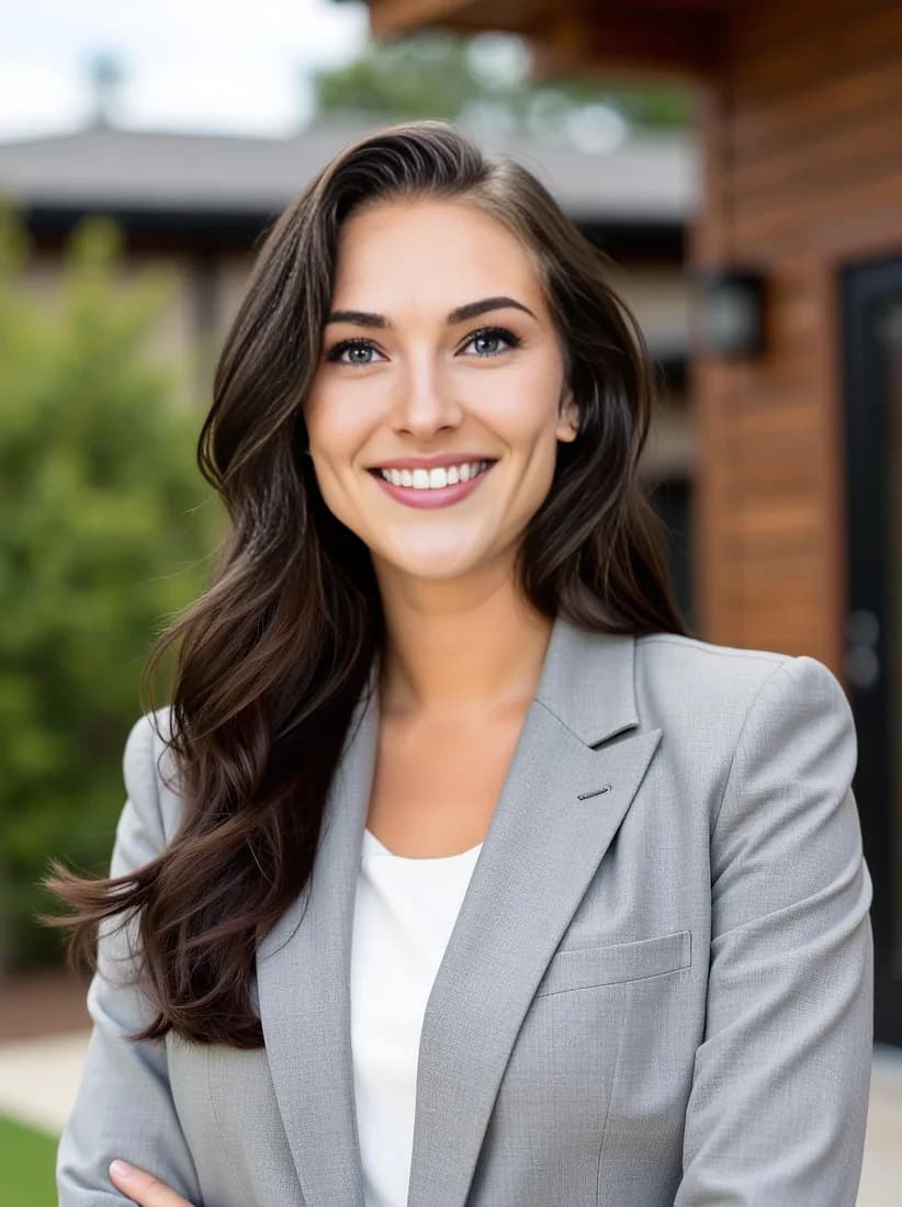 A real estate agent in a gray blazer poses outside a white house in an AI realtor headshot.