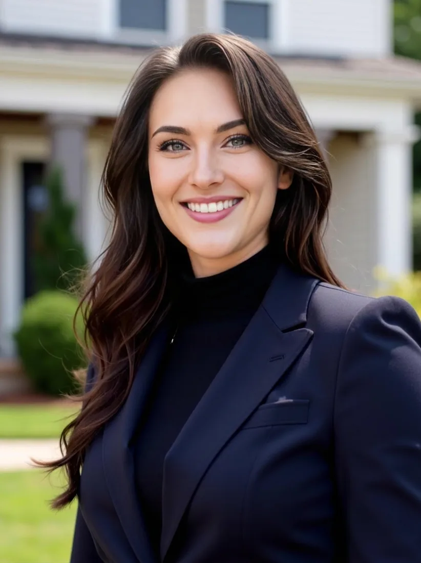 A real estate agent in a navy blazer stands on a covered porch in an AI realtor headshot.