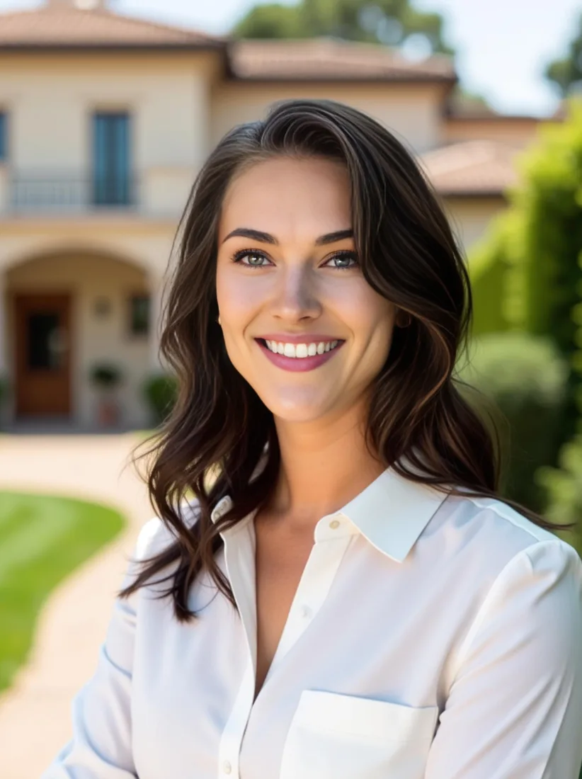 A real estate agent in a light button-up shirt smiles in a garden in a casual AI realtor headshot.
