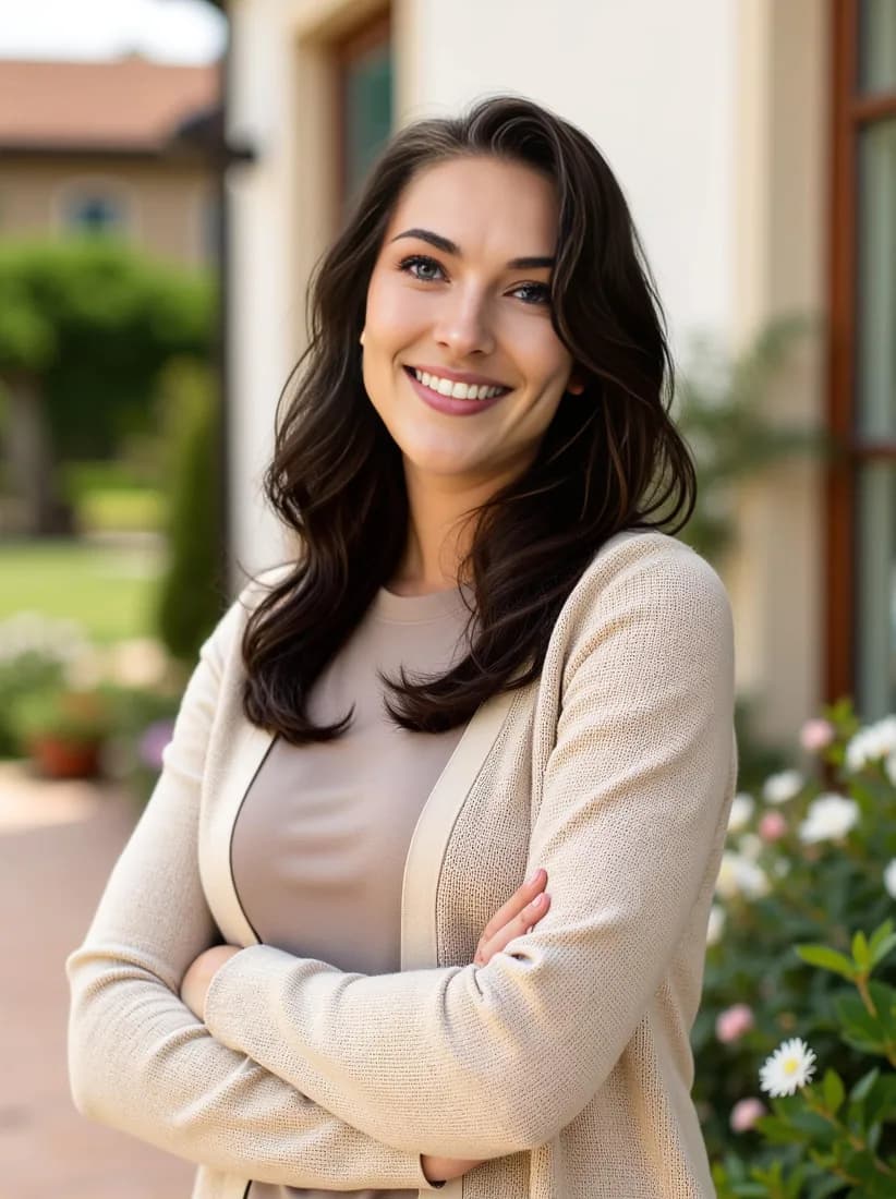 A real estate agent in a beige top folds her arms in front of a house in an AI realtor headshot.