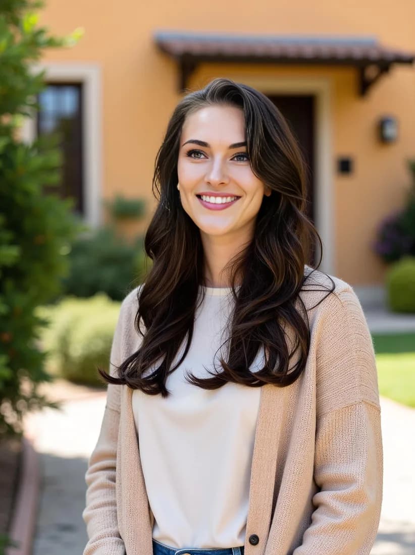 A real estate agent in a cream blouse poses outside a stucco home in an AI realtor headshot.