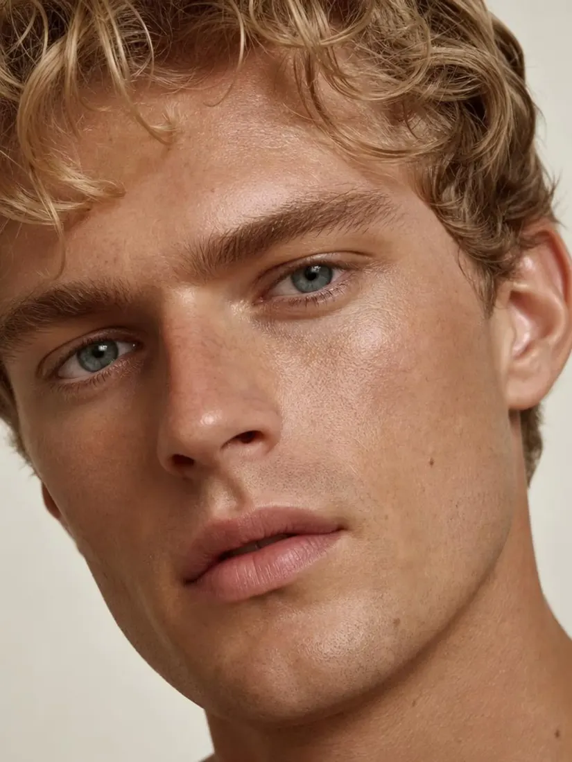 Close-up of a blond curly-haired man with blue eyes and natural skin texture
