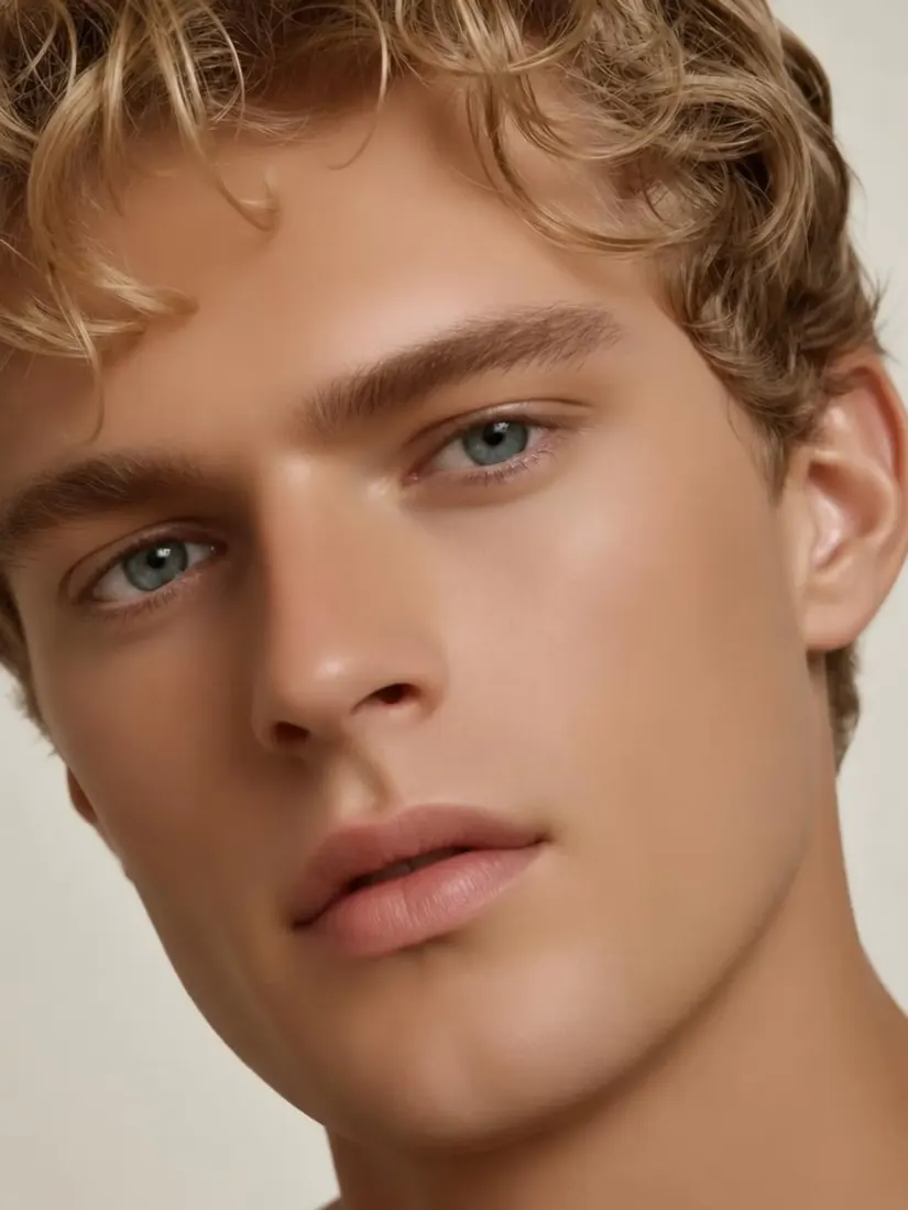 Close-up of a blond man with wavy hair, light blue-gray eyes and very smooth skin