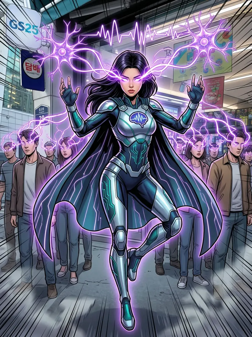 A comic-style illustration shows a woman superhero with glowing purple energy powers, made by the Superhero Generator tool.
