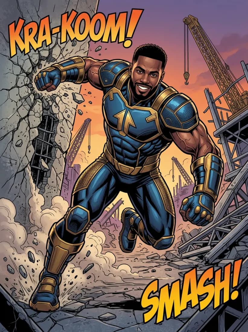 Comic book art of a man in a blue and gold superhero suit smashing through a wall