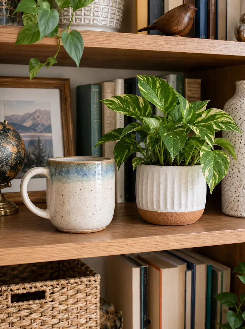 A ceramic mug and a potted plant sit on a busy bookshelf among frames and books, before the Yellow Background changer isolates them.