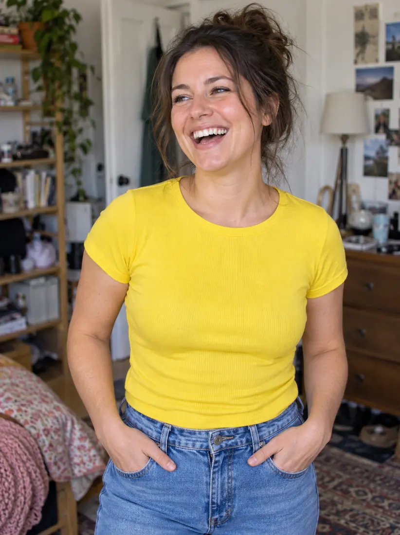 A laughing woman in a yellow t-shirt stands in a cluttered bedroom, before the Yellow Background changer replaces the room.