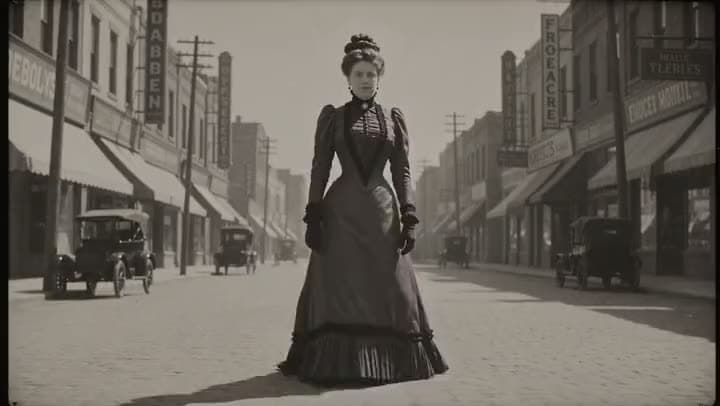 An AI video in sepia of a woman in a high-collared Victorian dress standing on an old main street lined with vintage cars.