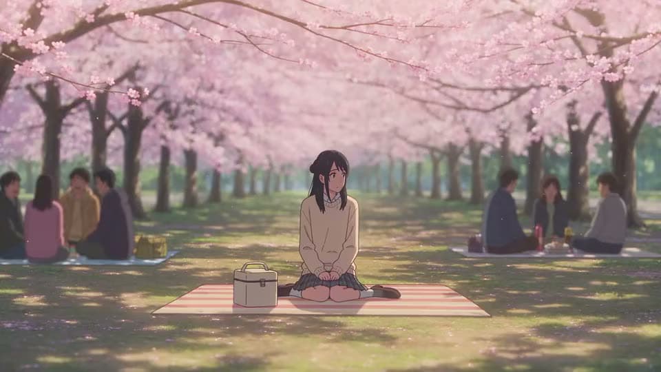 An AI anime clip of a girl kneeling on a striped picnic blanket under blooming cherry trees as other groups picnic nearby.