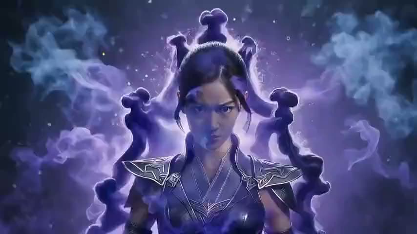 An AI video of a woman in engraved silver armour staring ahead as swirling purple smoke rises around her in the dark.