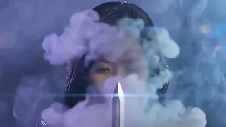 An AI cinematic shot of a woman's face emerging through lilac smoke behind the gleaming tip of an upright blade.