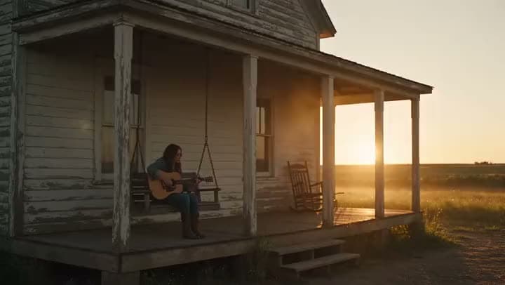 An AI video of a woman playing an acoustic guitar on a porch swing of an old farmhouse as the sun sets over the fields.