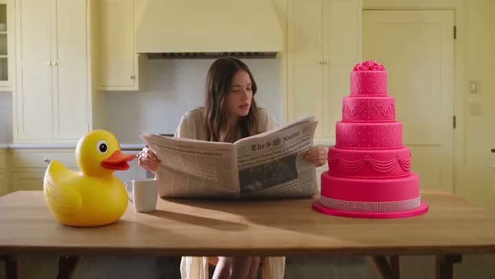An AI video of a woman reading a newspaper at a kitchen table between a giant rubber duck and a tall pink tiered cake.