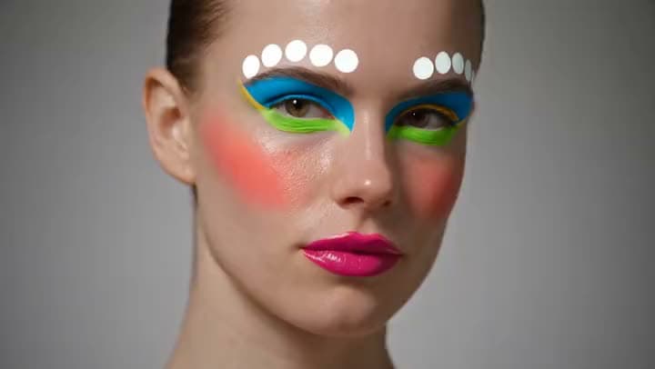 An AI video close-up of a woman wearing bold blue and green eyeshadow, white dots above her brows, pink blush and magenta lipstick.
