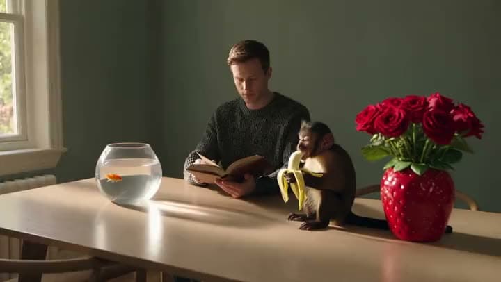 An AI video of a man reading at a table beside a monkey eating a banana, a goldfish bowl and roses in a strawberry vase.