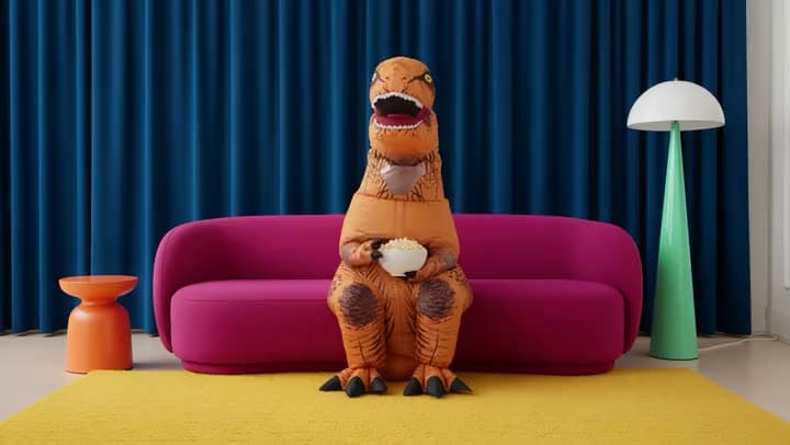 An AI video of a person in an inflatable T-rex costume on a magenta sofa before cobalt curtains, recolored from the original.