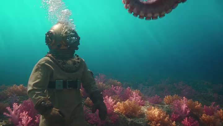 An AI video still of a deep-sea diver in a brass helmet standing among pink coral underwater.