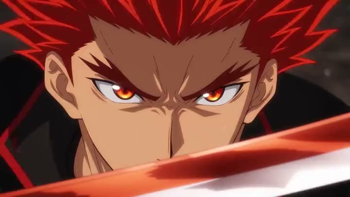 An AI anime clip of a red-haired fighter with glowing orange eyes glaring over the edge of a fiery sword blade.