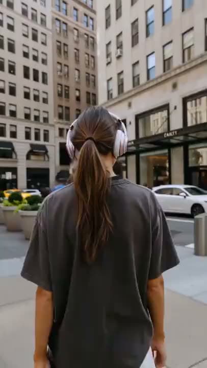 A vertical AI video of a woman in white headphones and an oversized gray tee walking away down a busy city street.