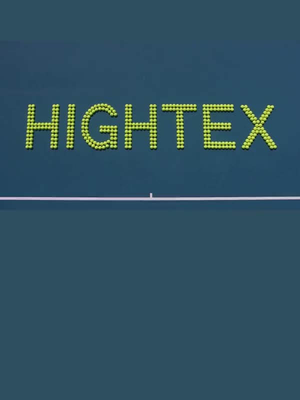 A branded opener where tennis balls spell out HIGHTEX on a blue court, then the tagline Precision in Motion appears.