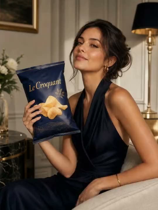 A vertical AI video of a woman in a navy satin gown holding up a bag of Le Croquant potato chips in an elegant living room.
