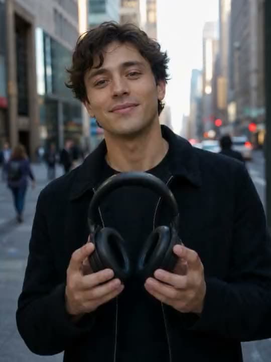 A vertical AI video of a curly-haired man on a busy city sidewalk holding up a pair of black over-ear headphones.