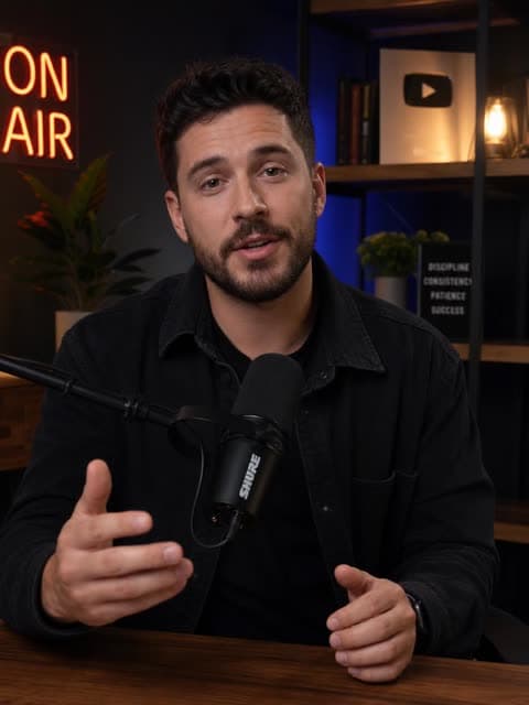 A portrait photo of a bearded man in a black shirt talking into a Shure mic at a desk beside a neon "ON AIR" sign.