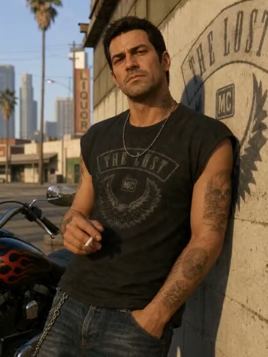 A vertical AI video game-style clip of a tattooed biker holding a cigarette as he leans on a wall beside his motorcycle.