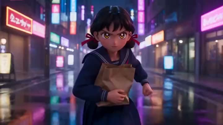 An AI anime clip of a determined schoolgirl in a sailor uniform running down a rainy neon-lit street clutching a paper bag.