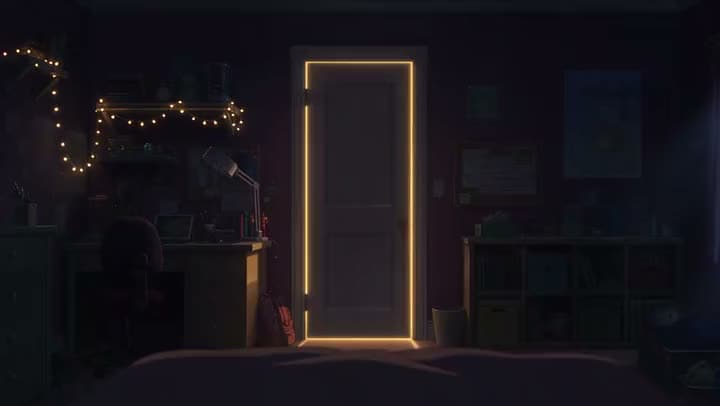 An AI animated clip of a dark bedroom with fairy lights and a desk as golden light glows around the edges of a closed door.