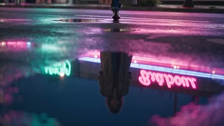 Neon signs reflected in a puddle on a city street at night.