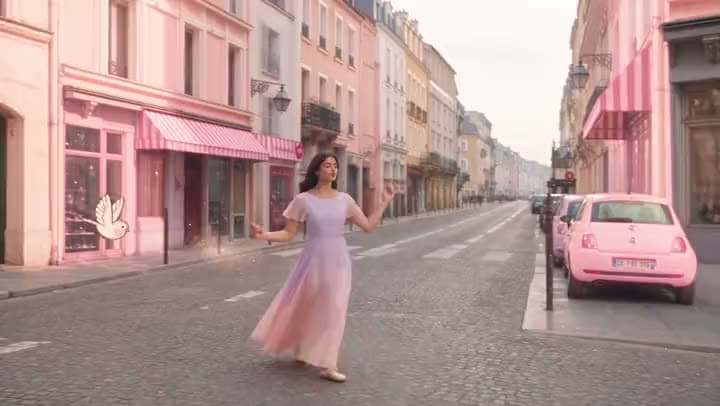 A woman in a pink dress walking down a pastel-coloured street.